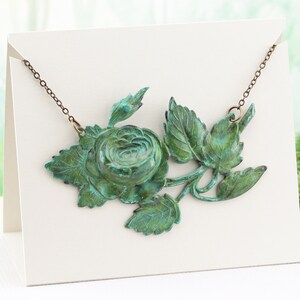 Verdigris Patina Flower Necklace, Hand Aged Brass Cabbage Rose Necklace, Large Floral Pendant, Statement Jewelry