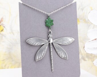 Large Antiqued Silver Dragonfly Necklace with Patina Flower Charm, Lightweight Plated Brass Insect Pendant Necklace, Summer Nature Jewelry