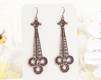 Long Antiqued Copper Filigree Earrings, Lightweight Plated Metal Big Dangle Earrings, Boho Chic Statement Jewelry, 3 inch earrings