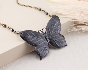Extra Large Black Butterfly Necklace, Lightweight Hand Oxidized Blackened Brass Patina Pendant Necklace, Summer Insect, Fun Fashion Jewelry