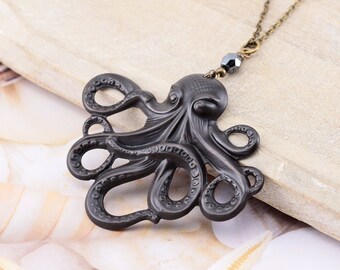 Large Aged Brass Octopus Pendant Necklace, Lightweight Hand Oxidized Blackened Patina Animal Pendant Necklace, Beach Lover Jewelry Gift