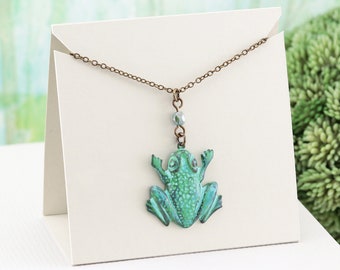 Green Frog Necklace, Lightweight Hand Aged Verdigris Patina Animal Pendant Necklace, Nature Lover Jewelry Gift