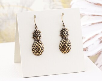 Antiqued Brass Pineapple Earrings, Lightweight Tropical Theme Fun Trendy Dangle Earrings, Winter Clearance