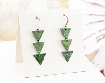 Green Patina Three Triangle Earrings, Lightweight Hand Aged Verdigris Brass Dangle Earrings, Casual Style Geometric Jewelry