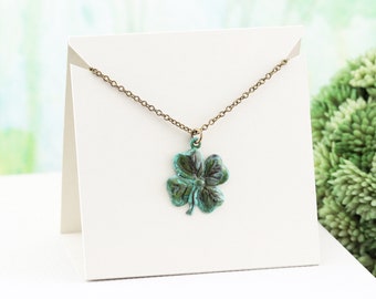 Green Patina Clover Necklace, Lightweight Hand Aged Verdigris Brass Leafy Shamrock Pendant Necklace, Spring Lucky Charm Jewelry