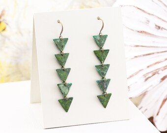 Long Patina Triangle Earrings, Hand Aged Verdigris Green Brass Dangle Earrings, 3 inch length, Fun Fashion Jewelry