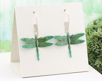 Verdigris Dragonfly Earrings, Large Lightweight Hand Aged Green Patina Brass Dangle Earrings, Bug Lover Jewelry Gift