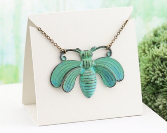 Large Stylized Bee Necklace, Hand Aged Verdigris Patina Brass Pendant, Summer Fashion Jewelry