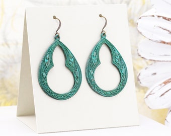 Large Green Patina Teardrop Earrings, Hand Aged Verdigris Brass Keyhole Dangle Earrings, Bohemian Chic Style, Lightweight Fashion Jewelry