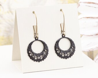 Black Filigree Earrings, Hand Oxidized Brass Round Dangle Earrings, Lightweight Boho Chic Style Jewelry (22mm)