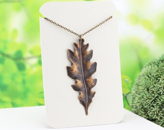 Extra Large Aged Brass Leaf Necklace, Lightweight Hand Oxidized Oak Leaf Pendant Necklace, Fall and Autumn Jewelry (70mm)