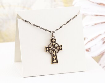 Antiqued Brass Celtic Cross Necklace, Lightweight Plated Brass Pendant Necklace, Religious and Spiritual Jewelry Gift