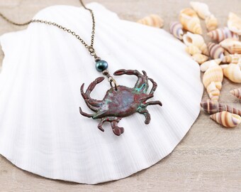 Dark Red Crab Necklace, Lightweight Hand Aged Red/Green Brass Patina Pendant Necklace with Freshwater Pearl, Beachy Vacation Jewelry