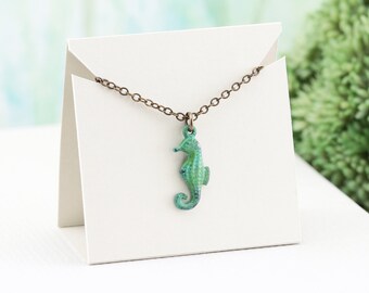 Tiny Seahorse Necklace, Small Verdigris Green Patina Brass Pendant Necklace, Ocean Lover Jewelry Gift