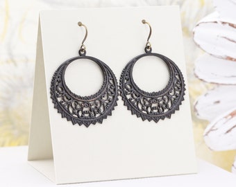 Large Black Round Filigree Earrings, Lightweight Hand Oxidized Brass Dangle Earrings, Boho Chic Style Fashion Jewelry (37mm)