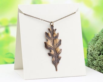 Large Aged Brass Leaf Necklace, Lightweight Hand Oxidized Metal Oak Leaf Pendant Necklace, Fall and Autumn Jewelry (55mm)