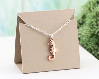 Tiny Rose Gold Seahorse Necklace on Silver Plated Chain, Small Ocean Animal Pendant, Sea Life Jewelry Gift