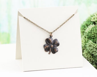 Aged Brass Clover Necklace, Lightweight Hand Oxidized Chocolate Brass Leafy Shamrock Pendant Necklace, Spring Lucky Charm Jewelry