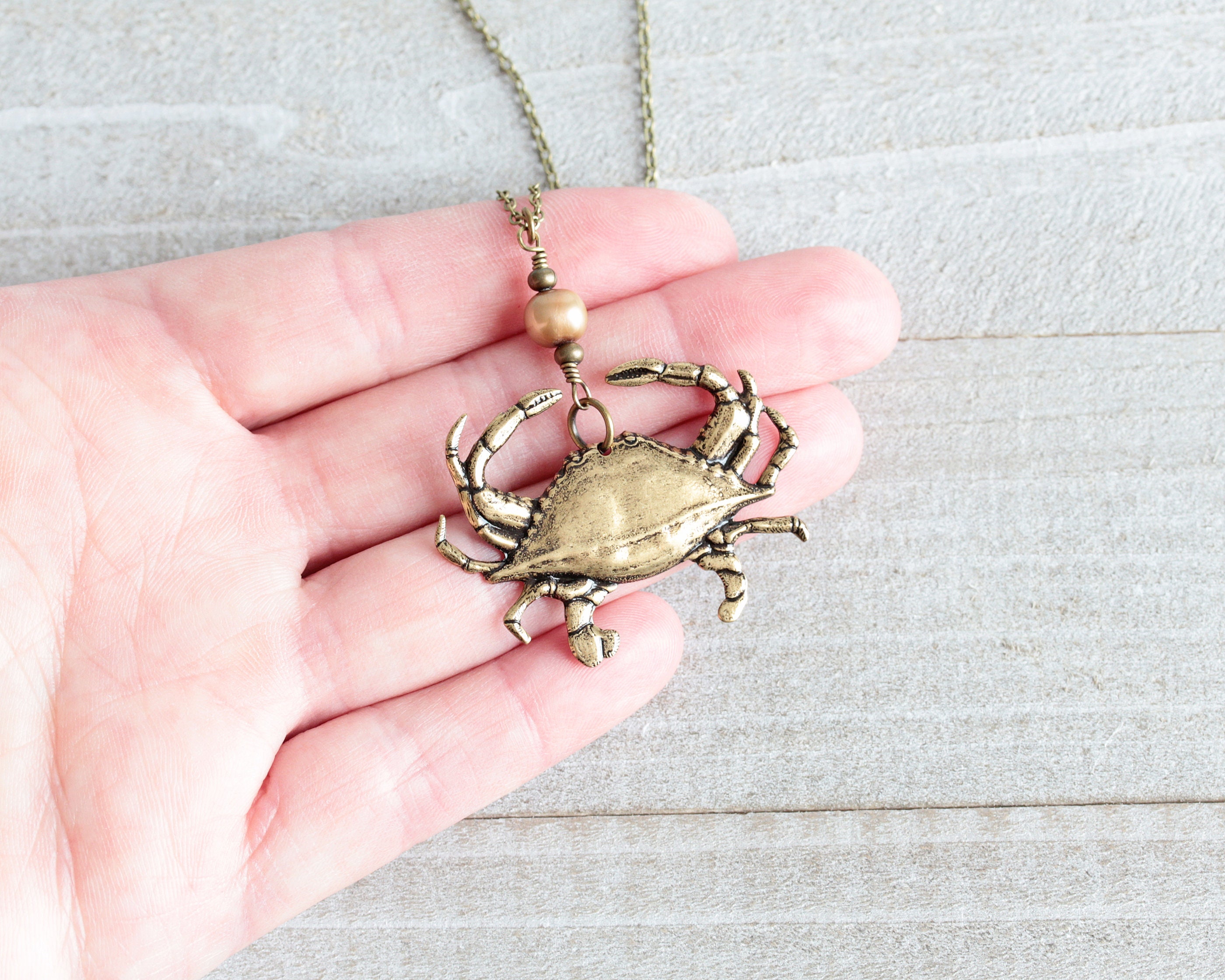 Brass Crab Necklace Sea Themed Pendant with Freshwater Pearl Etsy