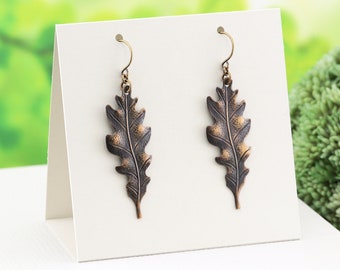 Aged Brass Oak Leaf Earrings, Lightweight Hand Oxidized Metal Leaf Dangle Earrings, Fall and Autumn Jewelry (Choose your hook style)