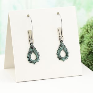 Verdigris Patina Filigree Drop Earrings, Small Lightweight Hand Aged Green Brass Dangle Earrings, Rustic Chic Jewelry