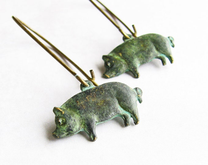 Pig Earrings, Green Patina Brass Charms Pig Dangles, Animal Jewelry ...