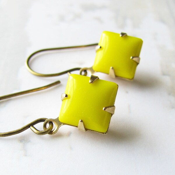 Lemon Yellow Earrings, Square Vintage Glass Jewel Earrings - Yellow Dangles, Estate Style, Fashion Jewelry