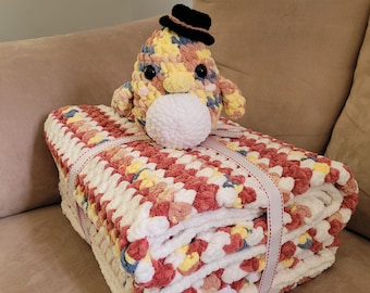 Granny Stitch Handmade Crochet Afghan Blanket & Stuffed Penguin Set | Rainbow Gift Set