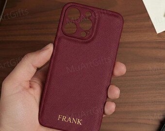 Personalized Leather iPhone Case, Gold Embossed Custom Name, Vegan Leather Phone Cover