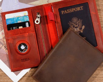 Custom Leather Passport Holder with AirTag, RFID Travel Wallet Leather Personalized Gift for Dad