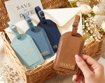 Etiqueta de equipaje personalizada para invitados a la boda, recuerdo de viaje con monograma de cuero personalizado para bodas de destino Q