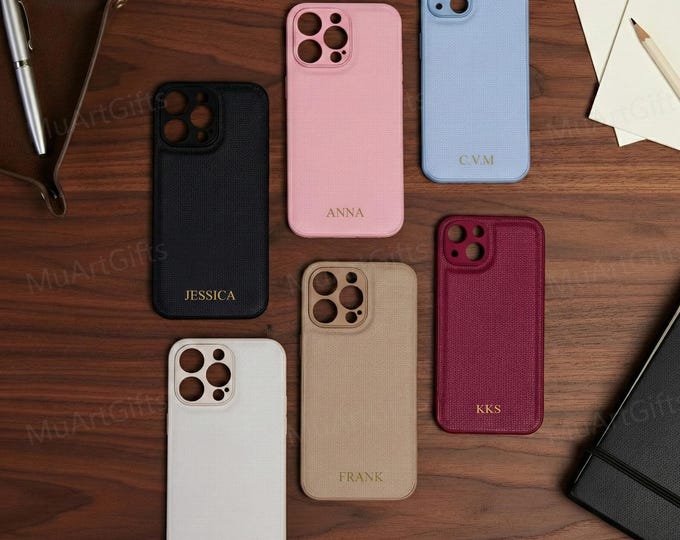 Personalized Leather Phone Case with Gold Foil Initial Custom iPhone Case 17 16 15 14 13 12 pro max Elegant Gift for Her Embossed