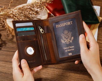 Personalized Leather Passport Holder with AirTag, RFID Travel Wallet Case for Men Gift
