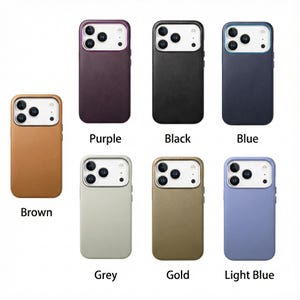 May include: A collection of colorful phone cases in brown, purple, black, blue, grey, gold, and light blue. Each case has a camera cutout and the color name printed below. The cases are designed to fit a specific phone model.