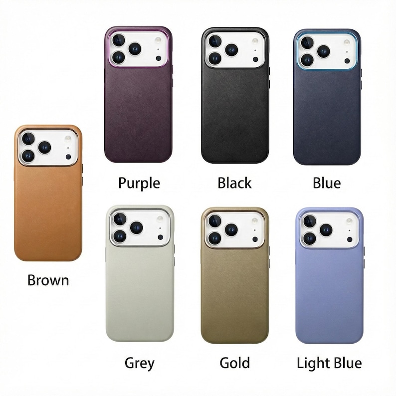 May include: A collection of colorful phone cases in brown, purple, black, blue, grey, gold, and light blue. Each case has a camera cutout and the color name printed below. The cases are designed to fit a specific phone model.