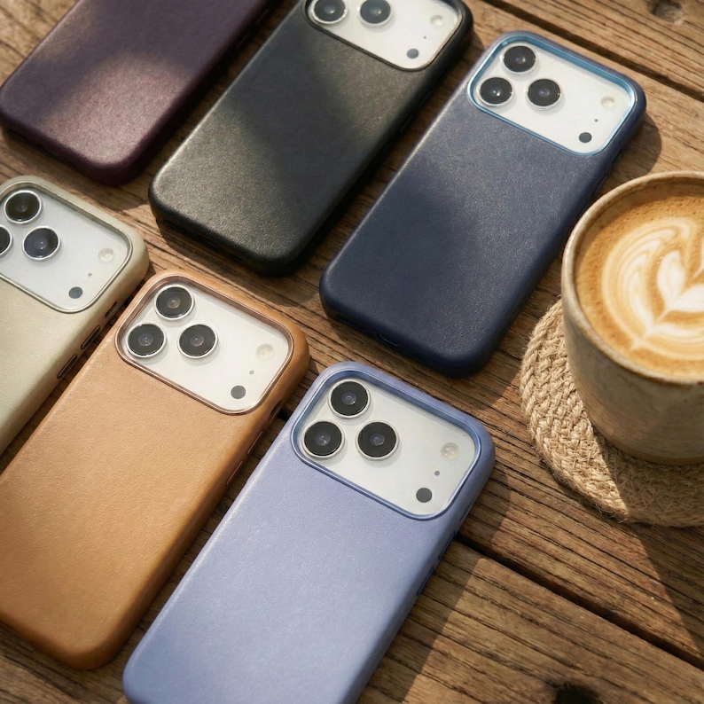 May include: An assortment of colorful phone cases in various shades, including purple, black, blue, gold, and light blue. The cases are arranged on a wooden surface, with a cup of coffee in the background.