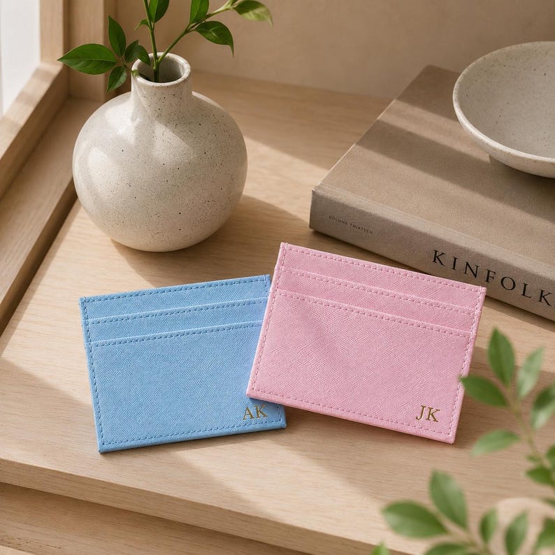 May include: Two personalized cardholders, one light blue and one pink, are displayed on a wooden surface. Each cardholder has multiple card slots and stitched edges. The initials "AK" and "JK" are embossed on the front of each cardholder.