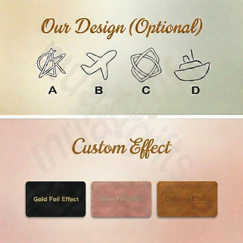 May include: Image featuring design options: a stylized 'A', a plane, an intertwined shape, and a boat. Below, three custom effect options are displayed: Gold Foil Effect, Silver Foil Effect, and Deboss Effect.
