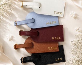Gepersonaliseerde lederen bagagelabel met geschenkdoos, aangepast goudfolie naamplaatje, luxe reiscadeau, huwelijkscadeau, afstudeercadeau voor hem/haar