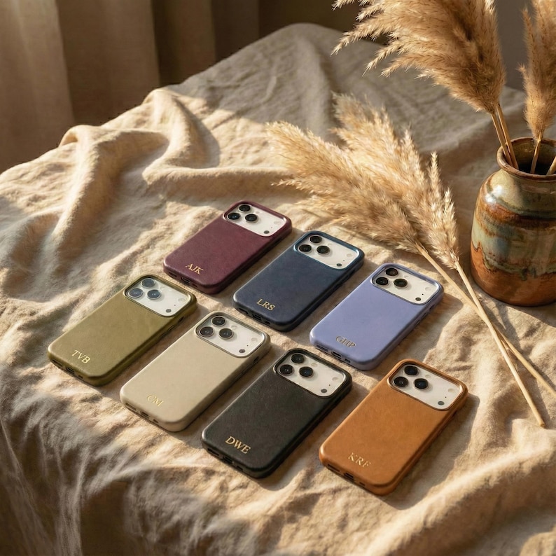 May include: A collection of personalized phone cases in various colors, including olive green, burgundy, and tan. Each case features a unique set of initials in gold lettering. The cases are arranged on a textured, neutral-toned surface.
