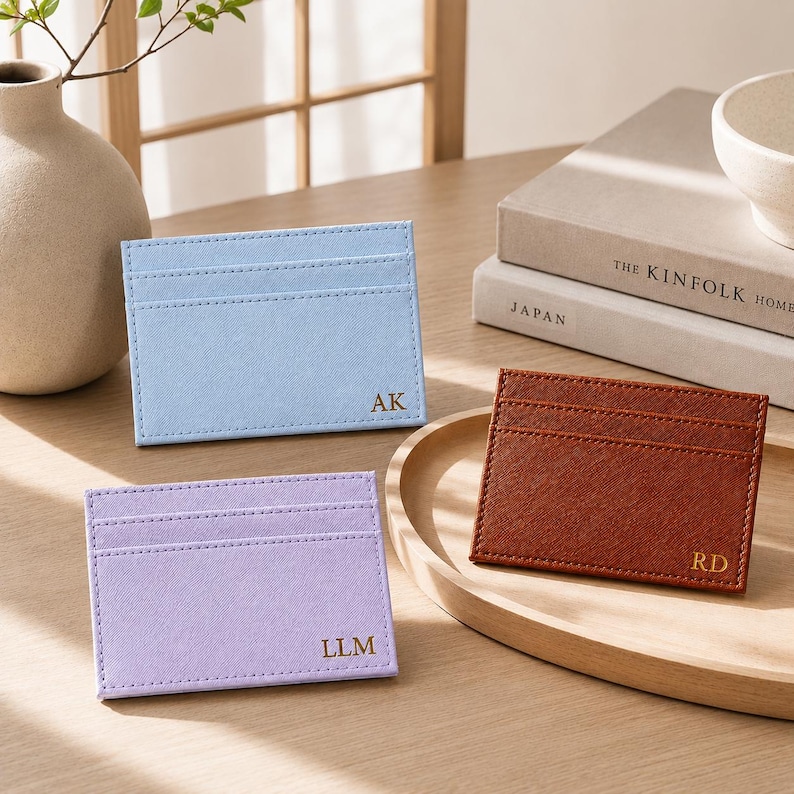 May include: Three personalized cardholders in pastel colors: light blue, lavender, and brown. Each cardholder features a stitched border and initials: "AK", "LLM", and "RD". The cardholders are displayed on a wooden tray.