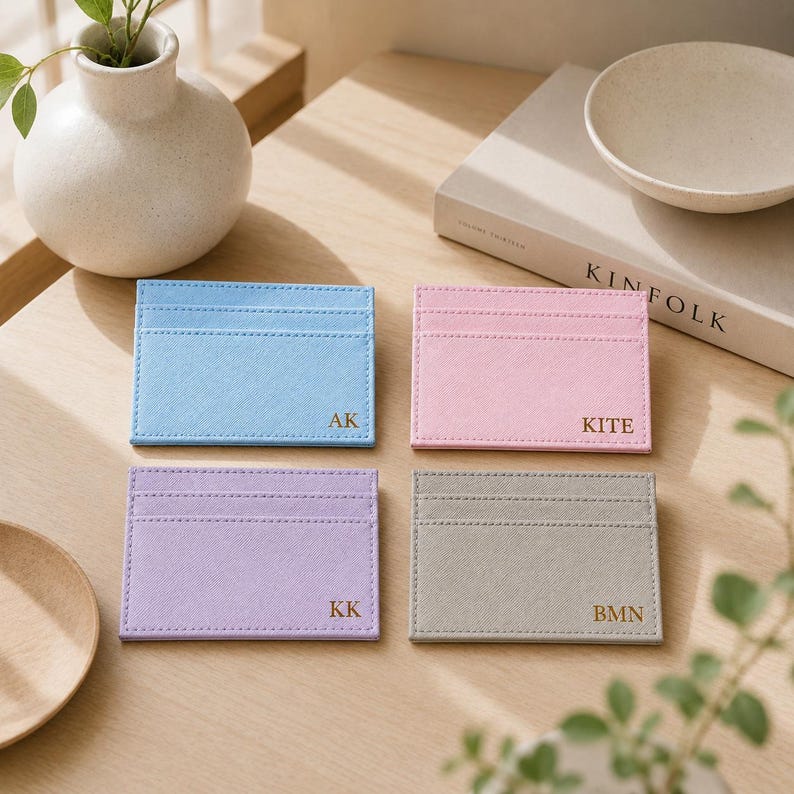 May include: Four pastel-colored cardholders are arranged on a wooden surface. The cardholders are light blue, pink, lavender, and gray. Each cardholder has a different set of initials: AK, KITE, KK, and BMN. The cardholders are rectangular with multiple card slots.