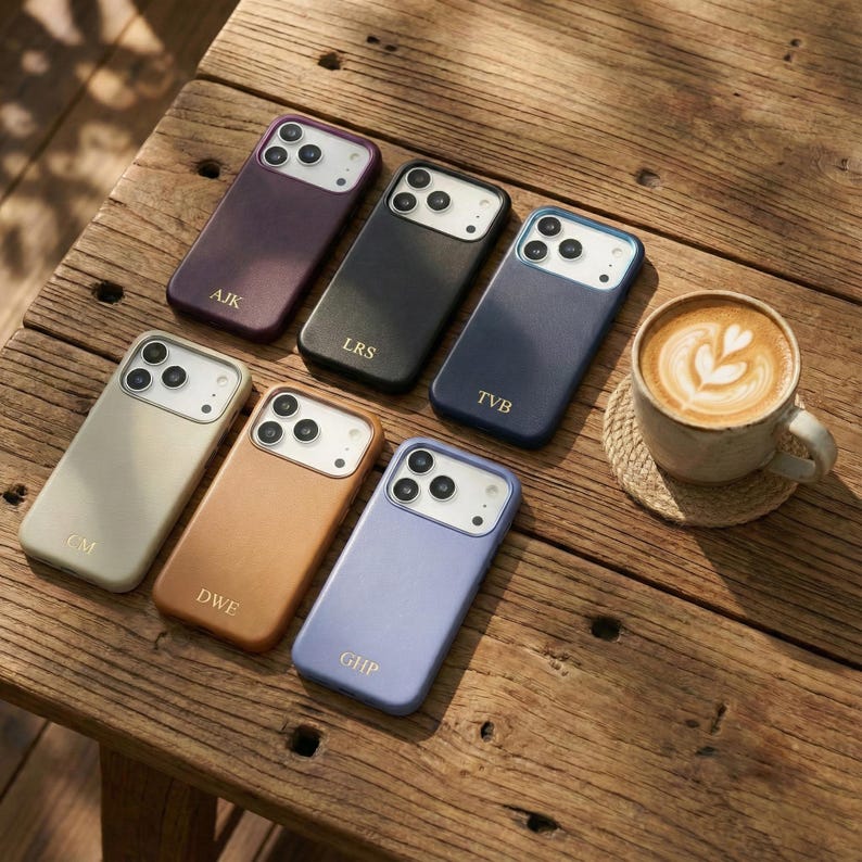 May include: An assortment of personalized phone cases in various colors, including purple, black, navy, beige, copper, and periwinkle, each with initials. A cup of coffee with latte art sits on a coaster next to the cases on a wooden table.