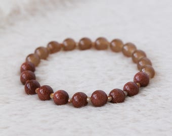 Sandstone Beaded Bracelet – Brown Gemstone Stretch Bracelet, Earth Tone Jewelry, Handmade Minimalist Gift