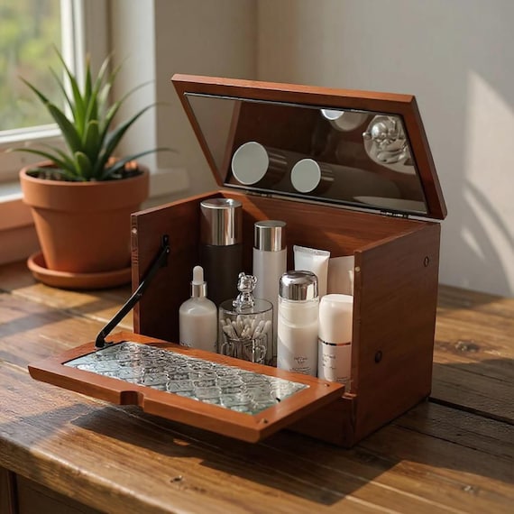 Rustic Wooden Jewelry Box with Glass Lid – Large Capacity Organizer for Accessories, Makeup & Perfume, Vintage-Style Storage