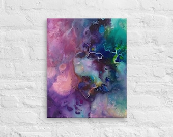 Abstrakte Galaxie Leinwand Druck - Kosmische Fluid Art, Wanddekor in Lila, Türkis und Pink, modernes Acrylbild