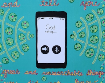 Teléfono celular - iphone - androide - Dios - Jeremiah 33 3 - Llámame y te responderé y te dirá cosas geniales e inexplorables - Pop Art