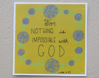 Porque nada es imposible con Dios - Lucas 1 37 - Verso de la Biblia - Arte cristiano - Impresión de arte - Verde - Azul