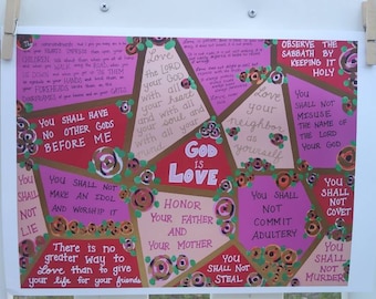 Amor - Diez Mandamientos - 1 Corintios 13 - Deuteronomio - Biblia - Arte Cristiano - Mosaico - Floral - Rojo - Rosa - Oro