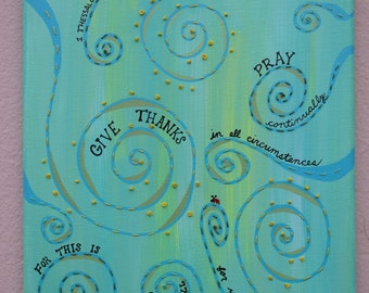 1 Tesalonicenses 5:16-18-Biblia Verso-Arte Cristiano-Orar-Regocijarse-Dar Gracias-Mariquita-Remolino-Lienzo-Arte